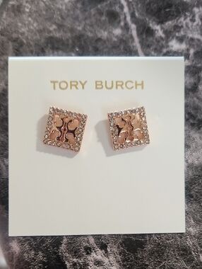 Tory Burch Rose Gold Logo Crystal Square Stud Earrings.  Super Cute!